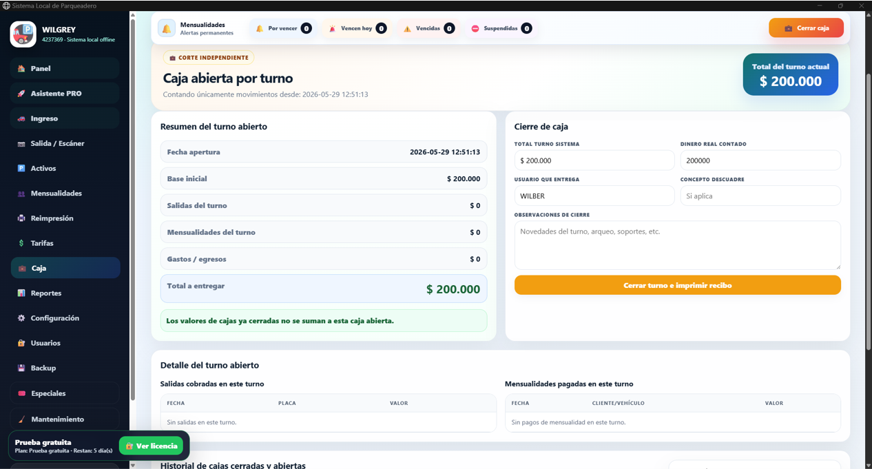 Caja abierta por turno