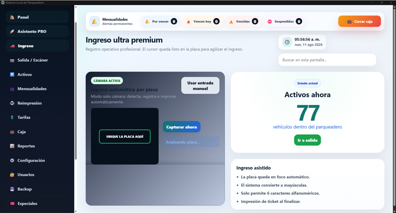 Ingreso automático por cámara del Sistema Parqueadero PRO